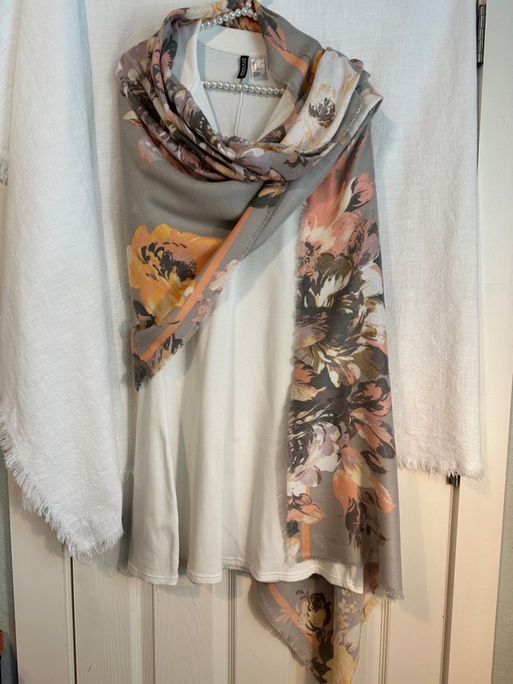 Nordstrom Floral Gray & Peach Scarf Wrap -Printed on both sides